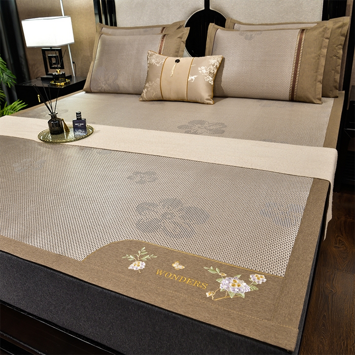 91家纺网 家纺一手货源 找家纺 小牛席业 2026新款绣球花开-冰藤双面席凉席藤席冰藤席竹席空调席草席冰丝席豆豆席乳胶席三件套 绣球花开-提花香槟