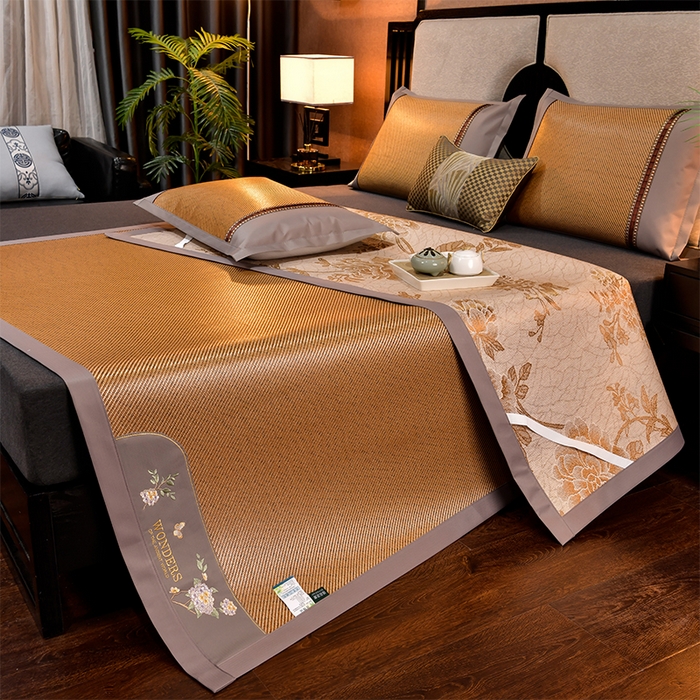 91家纺网 家纺一手货源 找家纺 小牛席业 2026新款绣球花开-冰藤双面席凉席藤席冰藤席竹席空调席草席冰丝席豆豆席乳胶席三件套 绣球花开-冰藤深咖