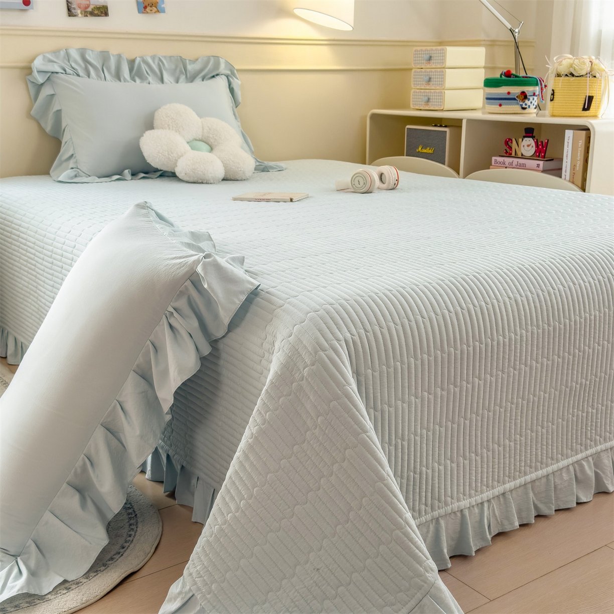 91家纺网 家纺一手货源 找家纺 兄弟坊 2026新款韩版凉感皱皱绵花边夏被 夏凉被午睡被 凉感皱皱绵-天空蓝