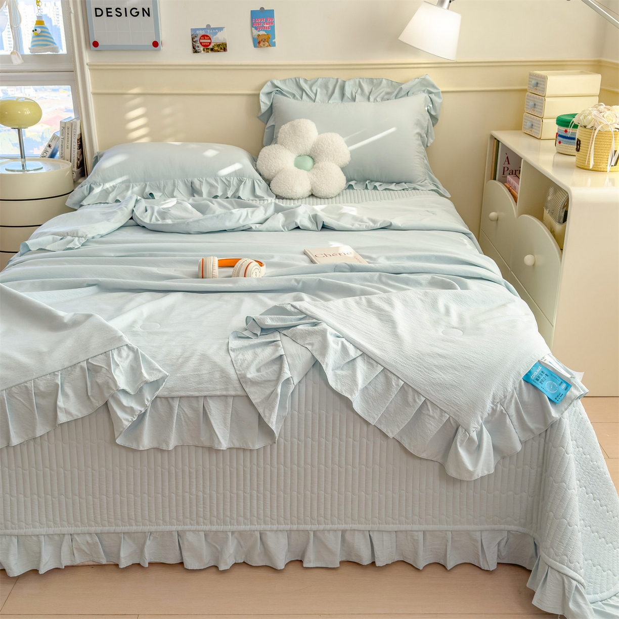 91家纺网 家纺一手货源 找家纺 兄弟坊 2026新款韩版凉感皱皱绵花边夏被 夏凉被午睡被 凉感皱皱绵-天空蓝