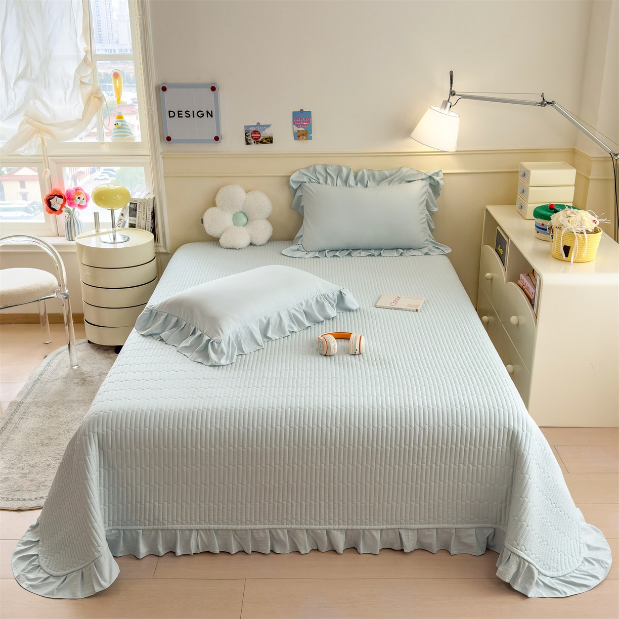 91家纺网 家纺一手货源 找家纺 兄弟坊 2026新款韩版凉感皱皱绵花边夏被 夏凉被午睡被 凉感皱皱绵-天空蓝