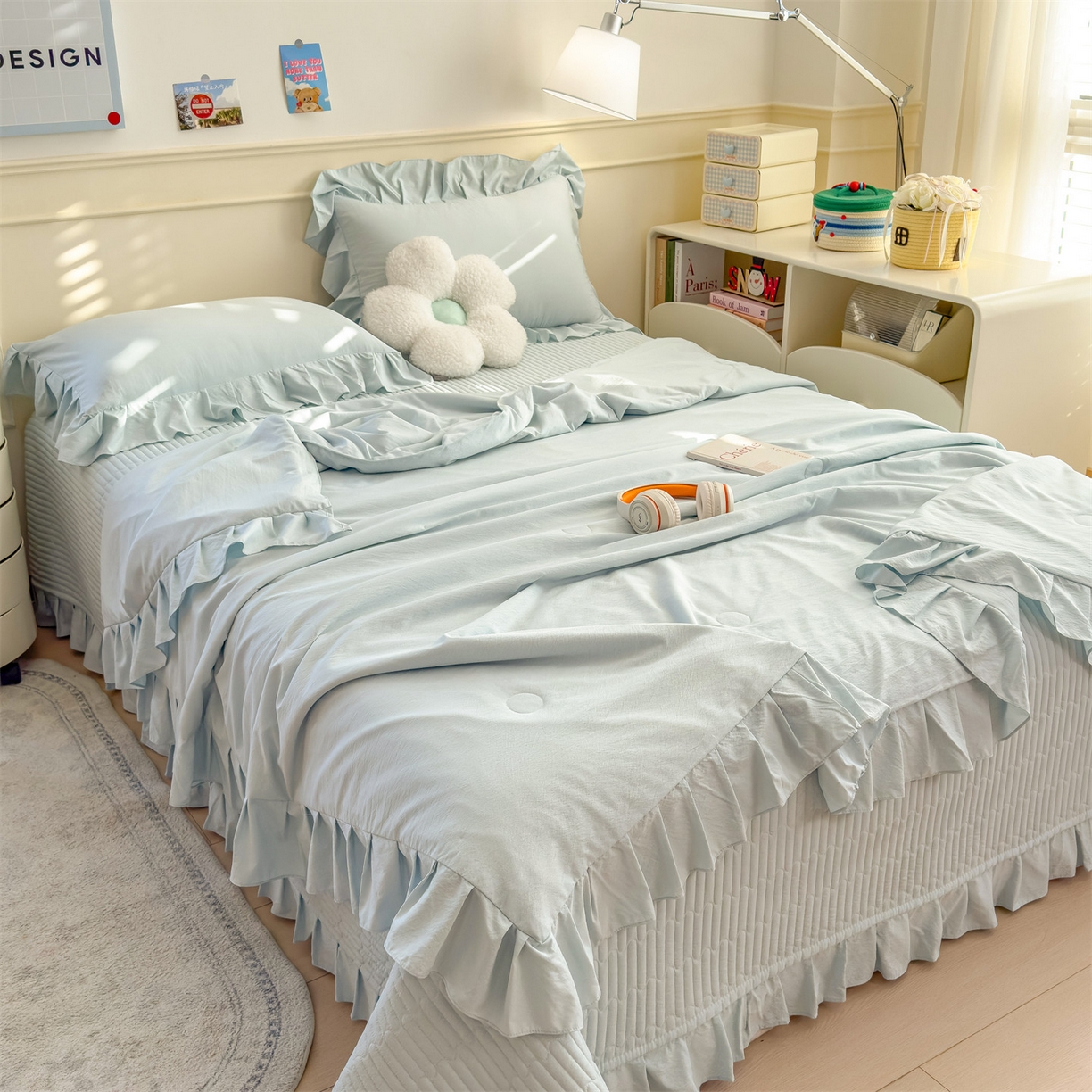 91家纺网 家纺一手货源 找家纺 兄弟坊 2026新款韩版凉感皱皱绵花边夏被 夏凉被午睡被 凉感皱皱绵-天空蓝