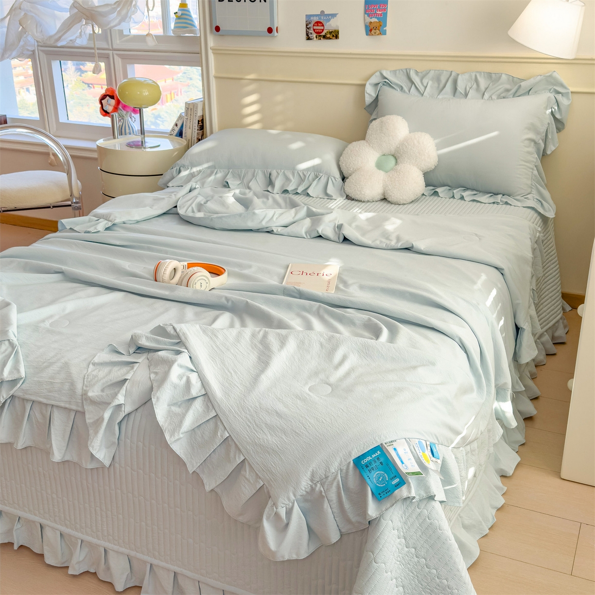 91家纺网 家纺一手货源 找家纺 兄弟坊 2026新款韩版凉感皱皱绵花边夏被 夏凉被午睡被 凉感皱皱绵-天空蓝