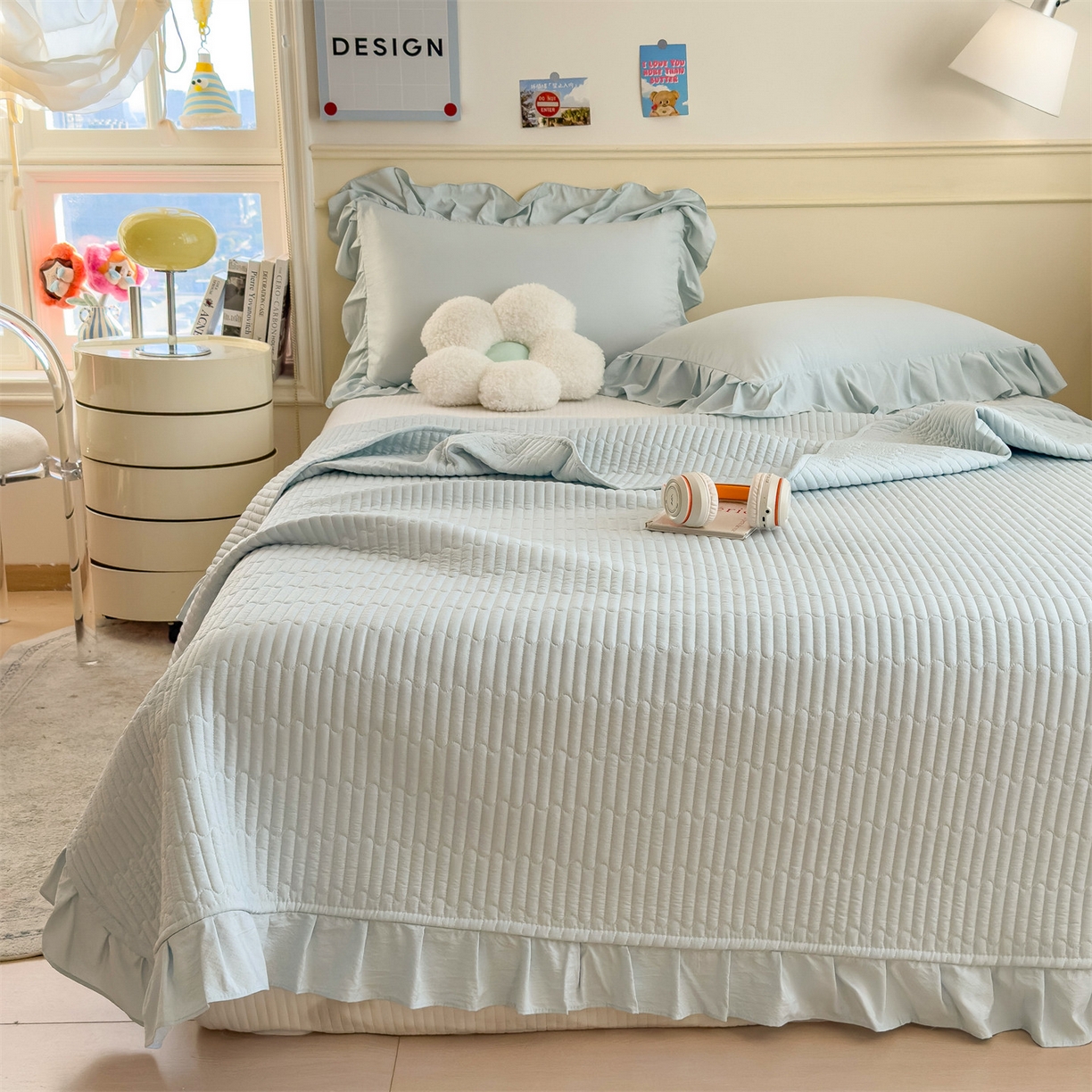 91家纺网 家纺一手货源 找家纺 兄弟坊 2026新款韩版凉感皱皱绵花边夏被 夏凉被午睡被 凉感皱皱绵-天空蓝