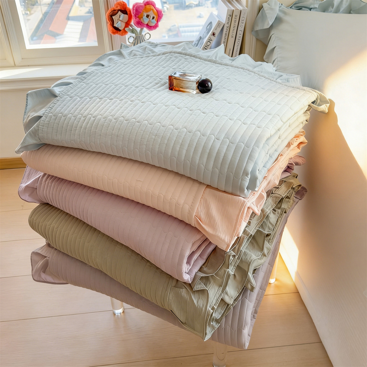 91家纺网 家纺一手货源 找家纺 兄弟坊 2026新款韩版凉感皱皱绵花边夏被 夏凉被午睡被 组合