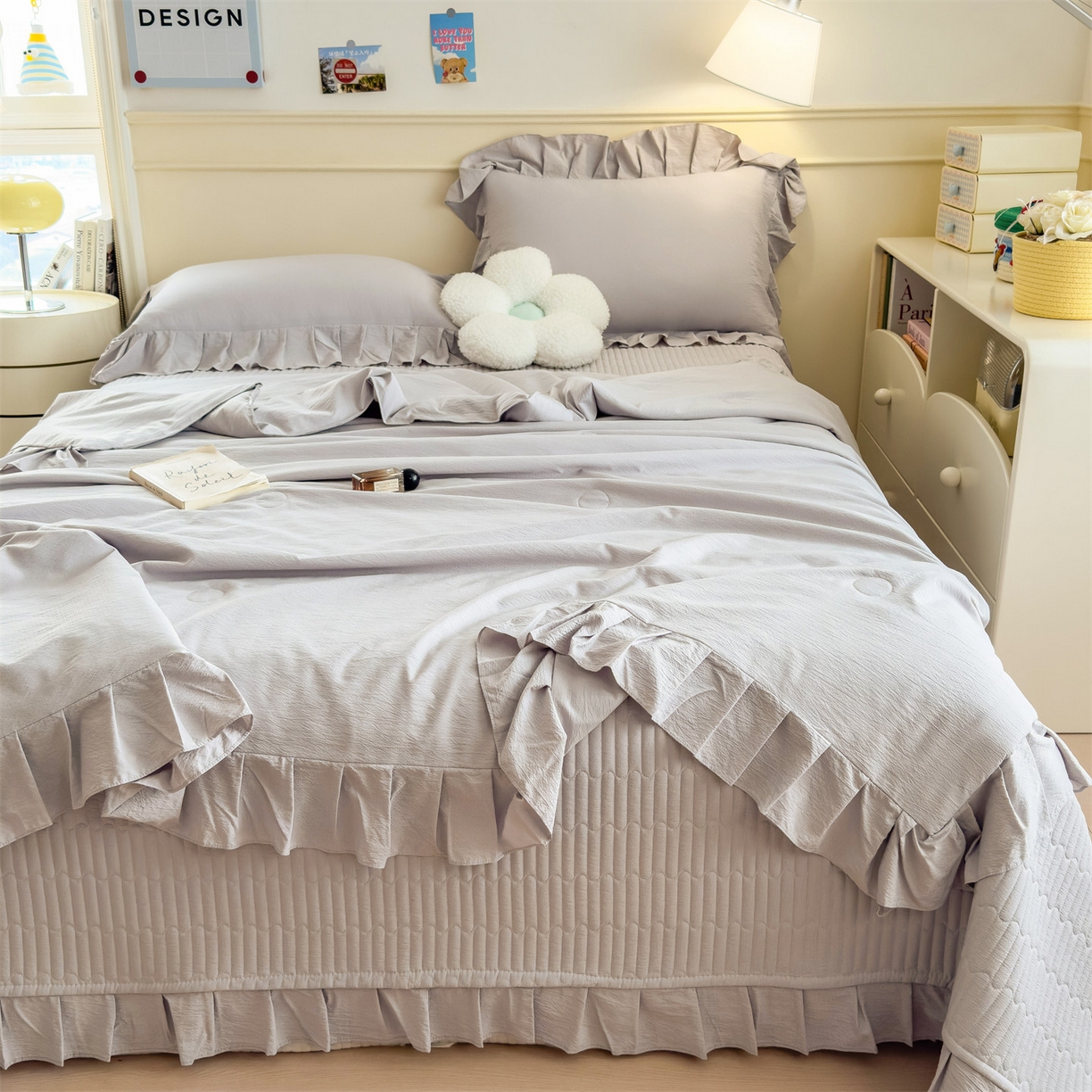 91家纺网 家纺一手货源 找家纺 兄弟坊 2026新款韩版凉感皱皱绵花边夏被 夏凉被午睡被 凉感皱皱绵-烟灰