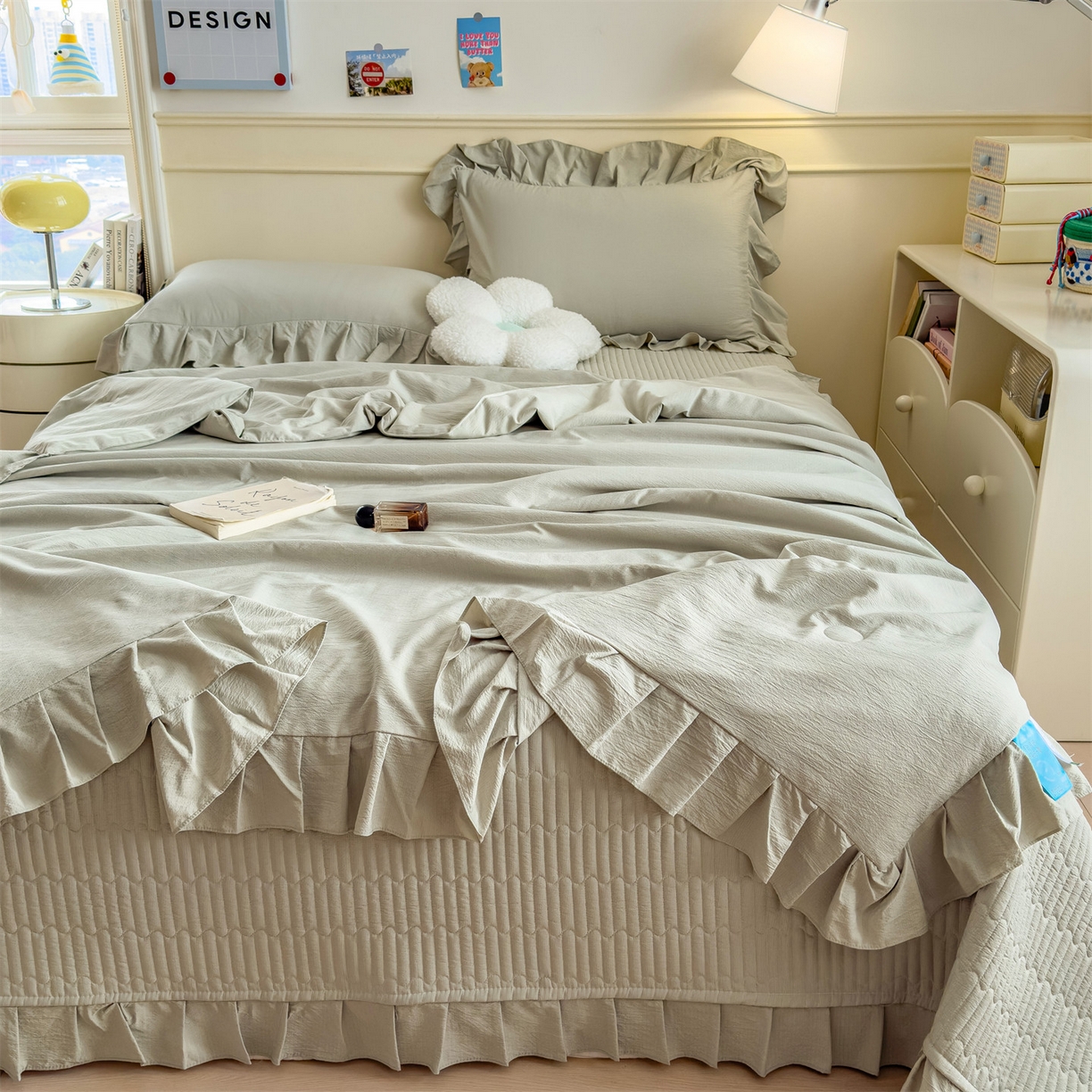 91家纺网 家纺一手货源 找家纺 兄弟坊 2026新款韩版凉感皱皱绵花边夏被 夏凉被午睡被 凉感皱皱绵-橄榄绿