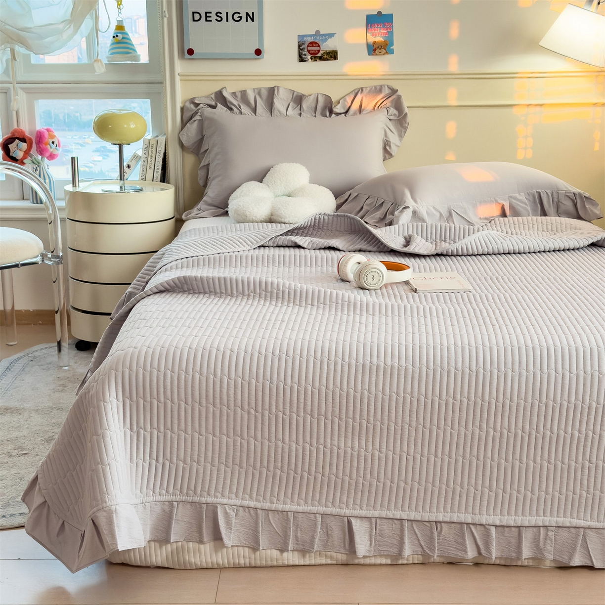 91家纺网 家纺一手货源 找家纺 兄弟坊 2026新款韩版凉感皱皱绵花边夏被 夏凉被午睡被 凉感皱皱绵-烟灰