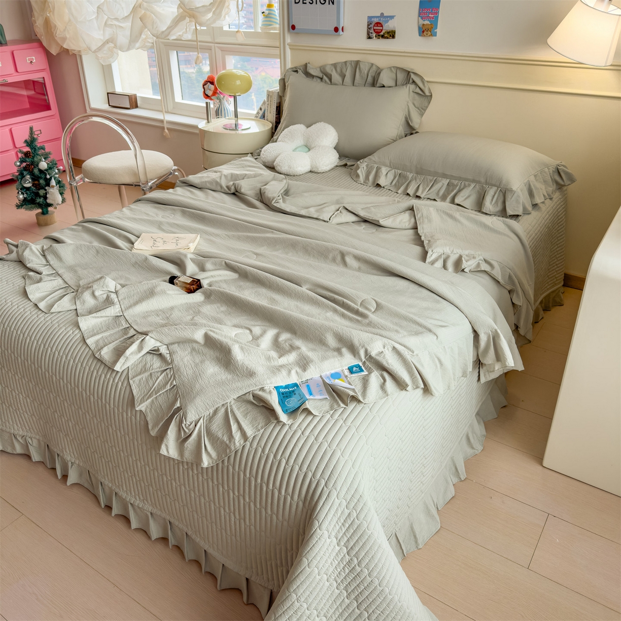 91家纺网 家纺一手货源 找家纺 兄弟坊 2026新款韩版凉感皱皱绵花边夏被 夏凉被午睡被 凉感皱皱绵-橄榄绿