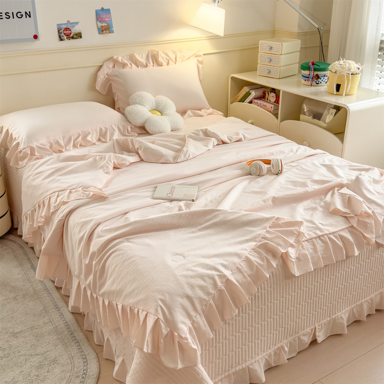 91家纺网 家纺一手货源 找家纺 兄弟坊 2026新款韩版凉感皱皱绵花边夏被 夏凉被午睡被 凉感皱皱绵-玉色