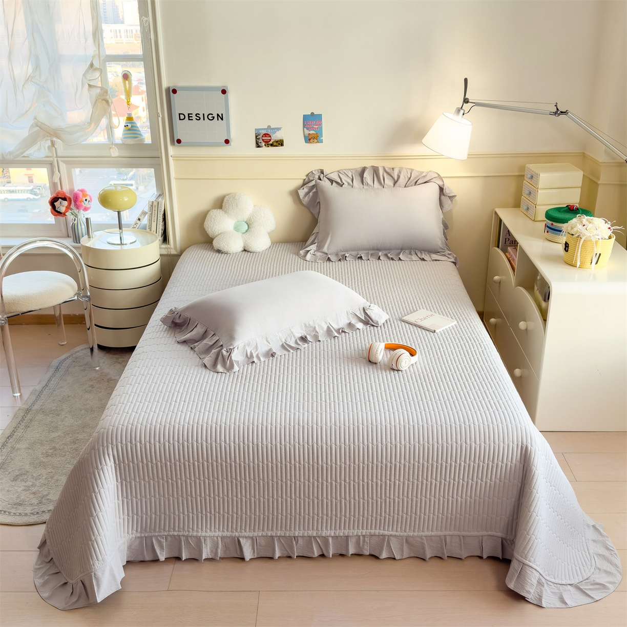 91家纺网 家纺一手货源 找家纺 兄弟坊 2026新款韩版凉感皱皱绵花边夏被 夏凉被午睡被 凉感皱皱绵-烟灰