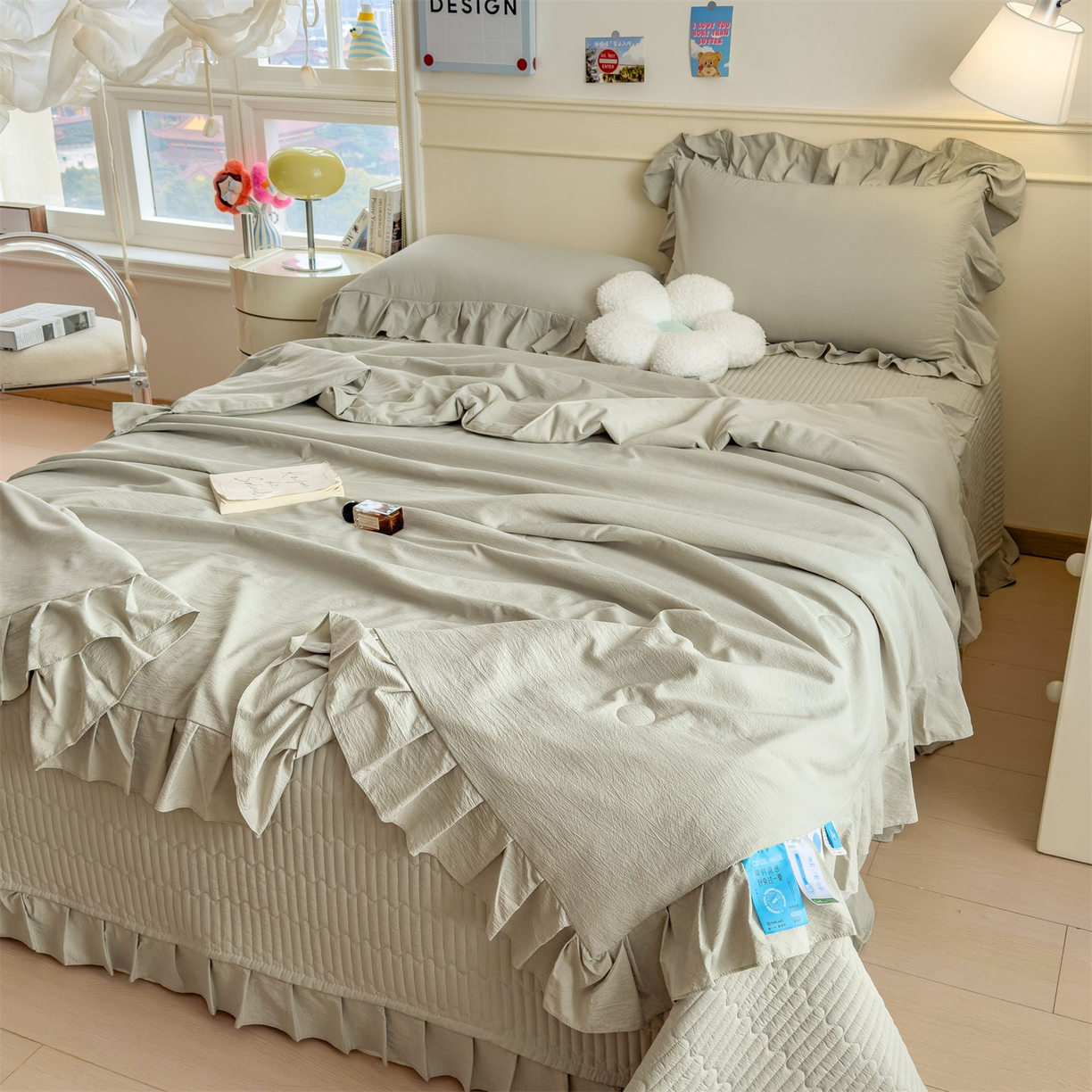 91家纺网 家纺一手货源 找家纺 兄弟坊 2026新款韩版凉感皱皱绵花边夏被 夏凉被午睡被 凉感皱皱绵-橄榄绿