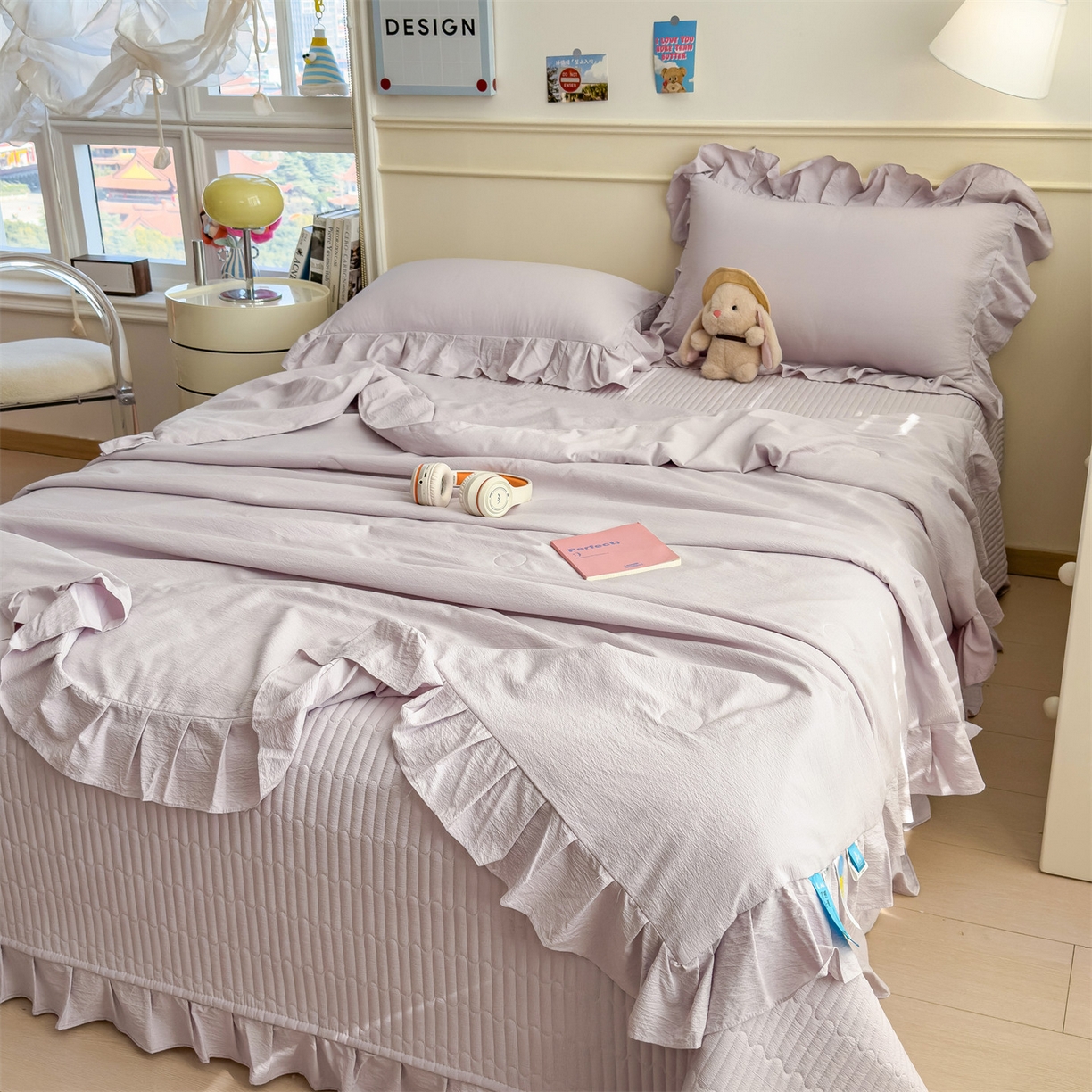 91家纺网 家纺一手货源 找家纺 兄弟坊 2026新款韩版凉感皱皱绵花边夏被 夏凉被午睡被 凉感皱皱绵-香芋紫