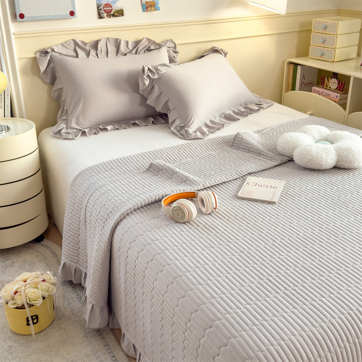 91家纺网 家纺一手货源 找家纺 兄弟坊 2026新款韩版凉感皱皱绵花边夏被 夏凉被午睡被 凉感皱皱绵-烟灰