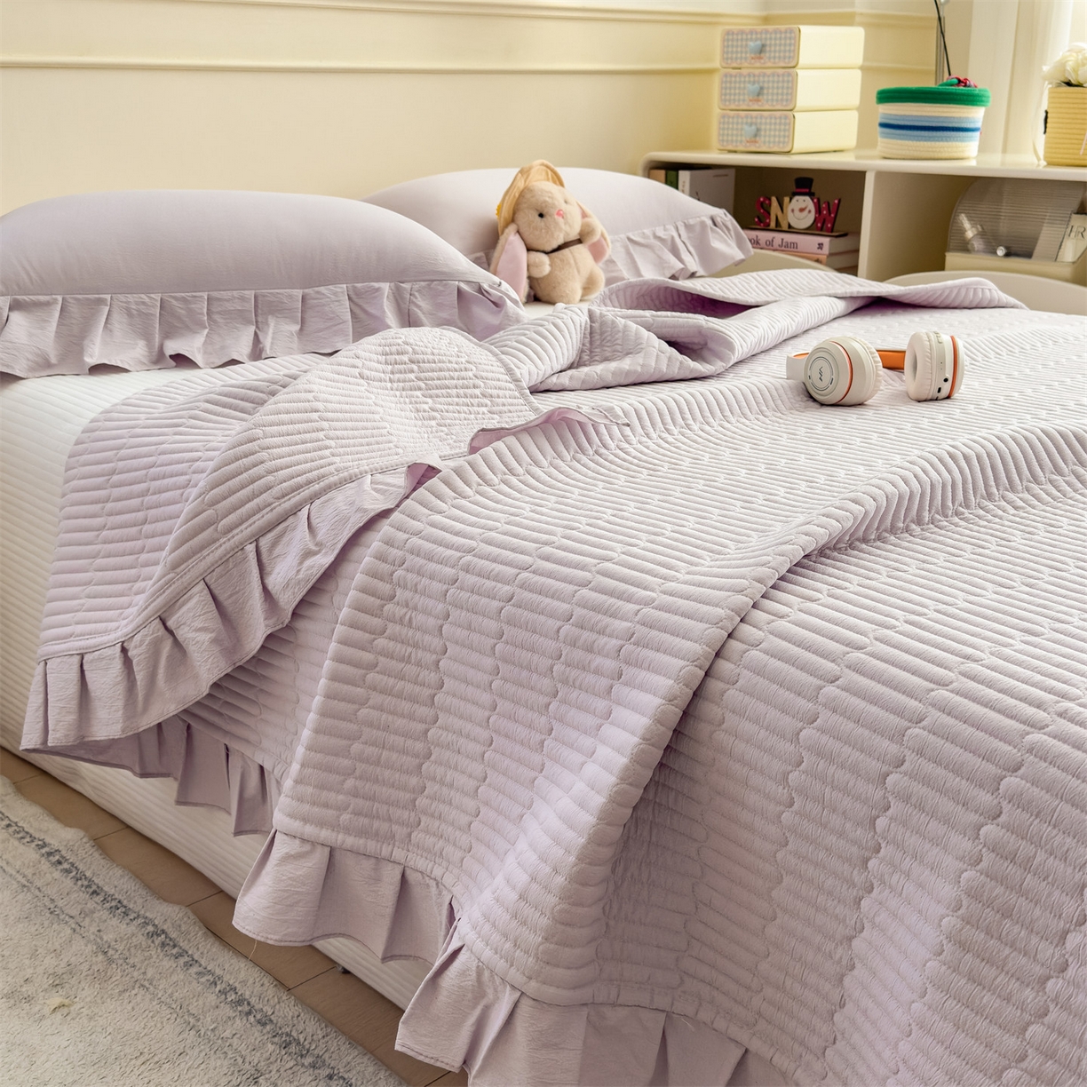 91家纺网 家纺一手货源 找家纺 兄弟坊 2026新款韩版凉感皱皱绵花边夏被 夏凉被午睡被 凉感皱皱绵-香芋紫