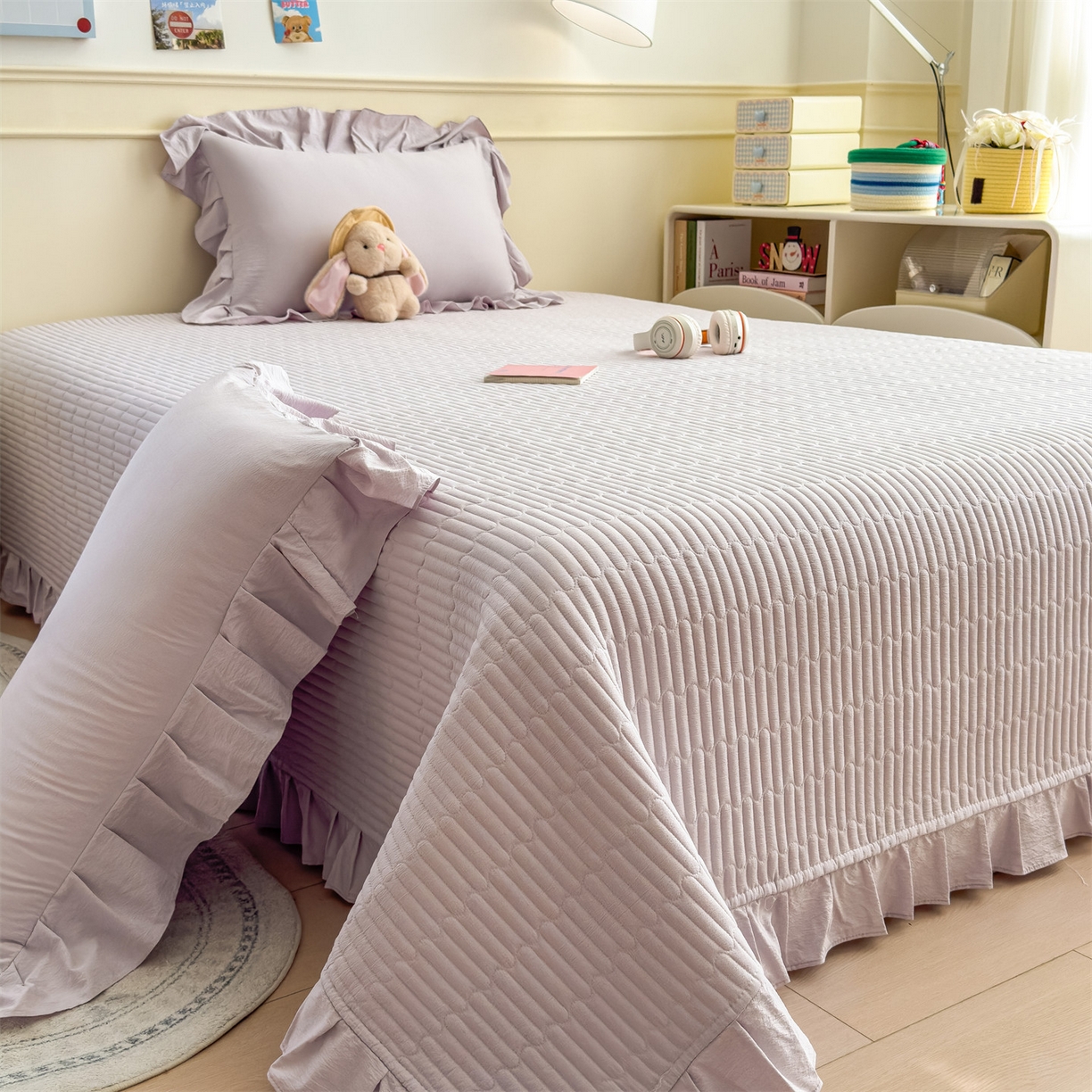 91家纺网 家纺一手货源 找家纺 兄弟坊 2026新款韩版凉感皱皱绵花边夏被 夏凉被午睡被 凉感皱皱绵-香芋紫