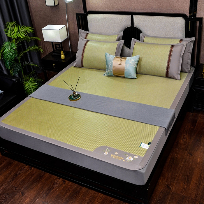 91家纺网 家纺一手货源 找家纺 小牛席业 2026新款绣球花开-冰藤双面席系列（床笠款）凉席藤席冰藤席竹席空调席草席冰丝席豆豆席乳胶席三件套 绣球花开-冰藤床笠款（青柠）