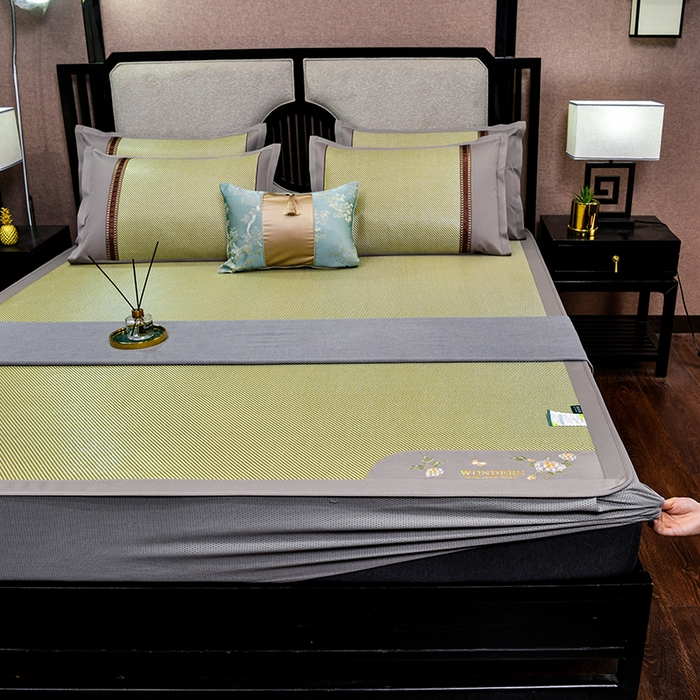 91家纺网 家纺一手货源 找家纺 小牛席业 2026新款绣球花开-冰藤双面席系列（床笠款）凉席藤席冰藤席竹席空调席草席冰丝席豆豆席乳胶席三件套 绣球花开-冰藤床笠款（青柠）