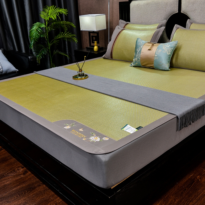 91家纺网 家纺一手货源 找家纺 小牛席业 2026新款绣球花开-冰藤双面席系列（床笠款）凉席藤席冰藤席竹席空调席草席冰丝席豆豆席乳胶席三件套 绣球花开-冰藤床笠款（青柠）