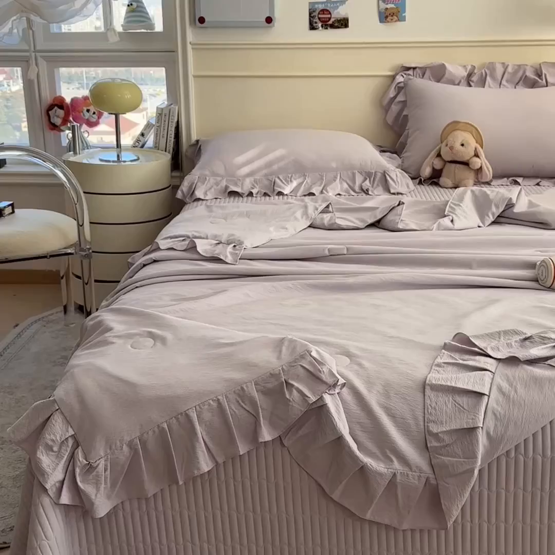 91家纺网 家纺一手货源 找家纺 兄弟坊 2026新款韩版凉感皱皱绵花边夏被 夏凉被午睡被 凉感皱皱绵-香芋紫