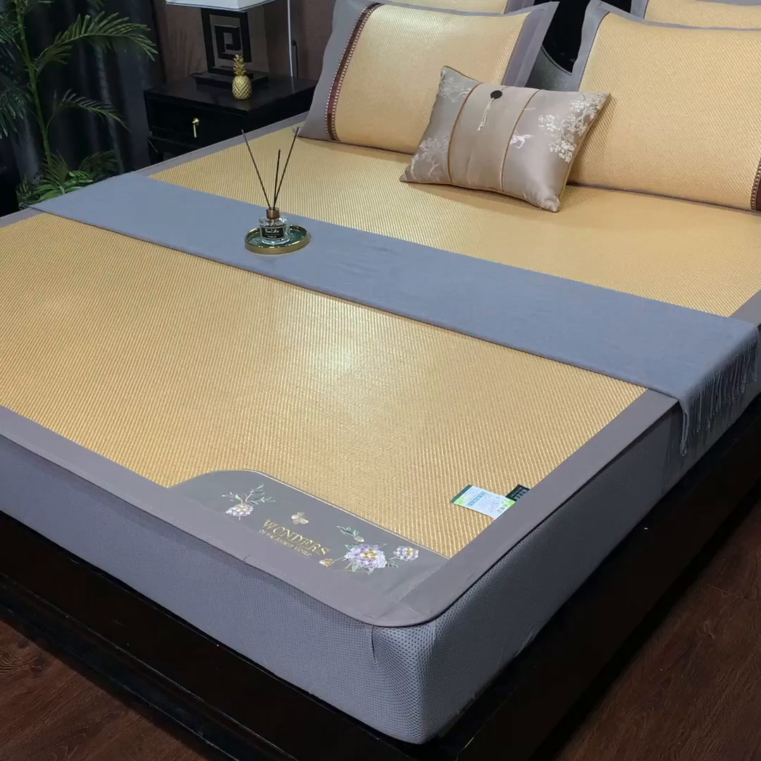 91家纺网 家纺一手货源 找家纺 小牛席业 2026新款绣球花开-冰藤双面席系列（床笠款）凉席藤席冰藤席竹席空调席草席冰丝席豆豆席乳胶席三件套 绣球花开-冰藤床笠款（浅咖）