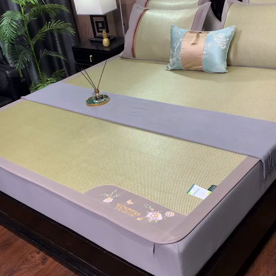 91家纺网 家纺一手货源 找家纺 小牛席业 2026新款绣球花开-冰藤双面席系列（床笠款）凉席藤席冰藤席竹席空调席草席冰丝席豆豆席乳胶席三件套 绣球花开-冰藤床笠款（青柠）