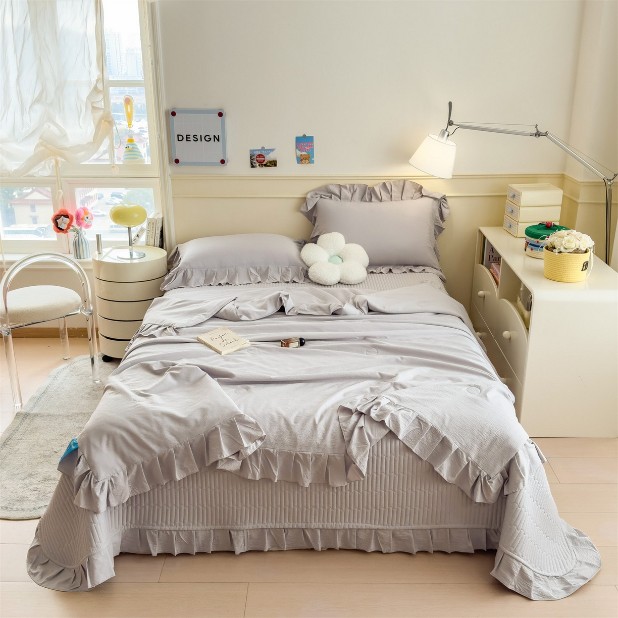 91家纺网 家纺一手货源 找家纺 兄弟坊 2026新款韩版凉感皱皱绵花边款加棉床盖 床护垫 加棉床单 凉感皱皱绵-烟灰