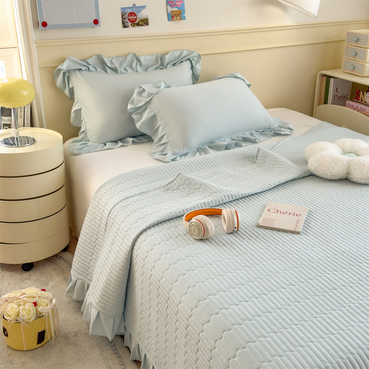 91家纺网 家纺一手货源 找家纺 兄弟坊 2026新款韩版凉感皱皱绵花边款加棉床盖 床护垫 加棉床单 凉感皱皱绵-天空蓝