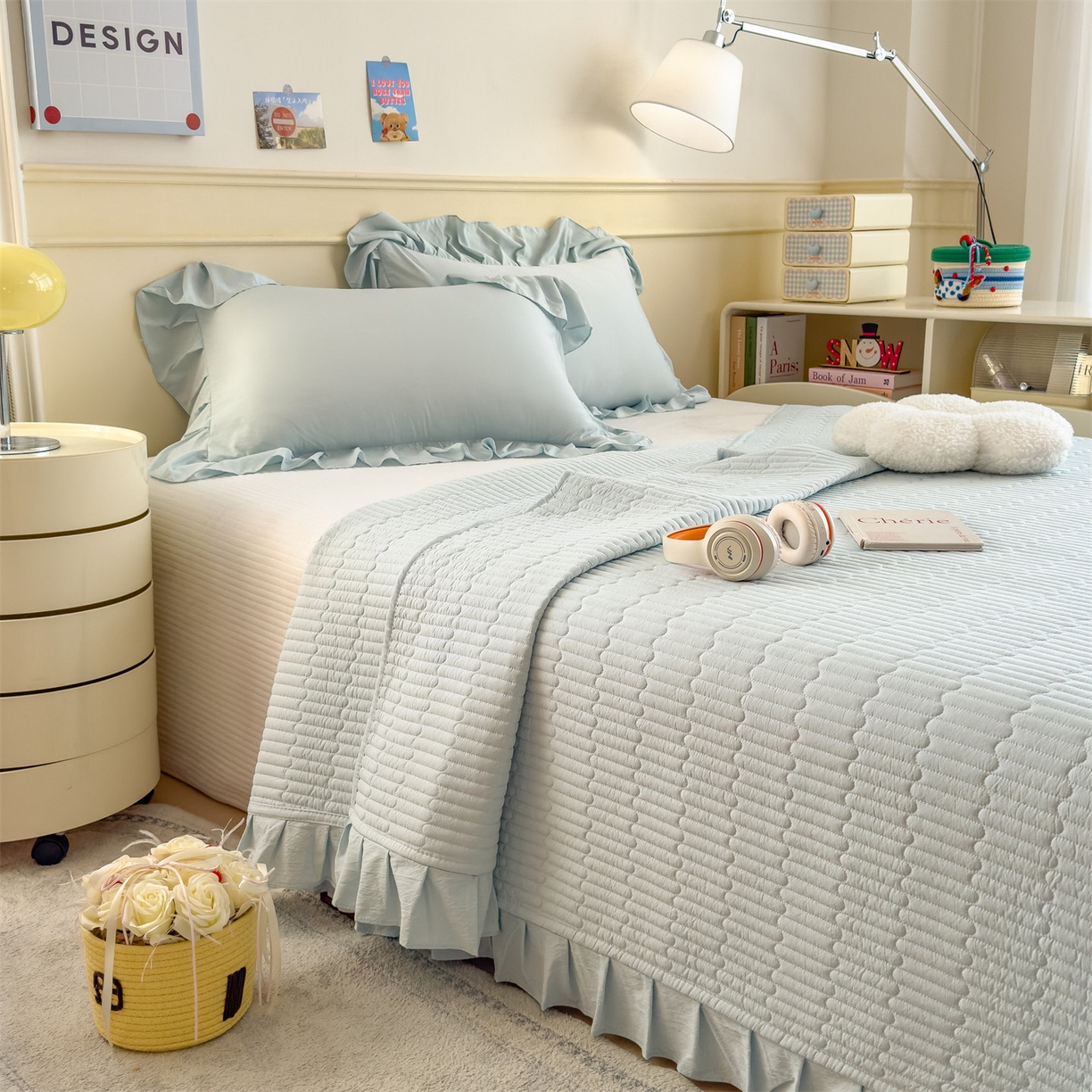 91家纺网 家纺一手货源 找家纺 兄弟坊 2026新款韩版凉感皱皱绵花边款加棉床盖 床护垫 加棉床单 凉感皱皱绵-天空蓝