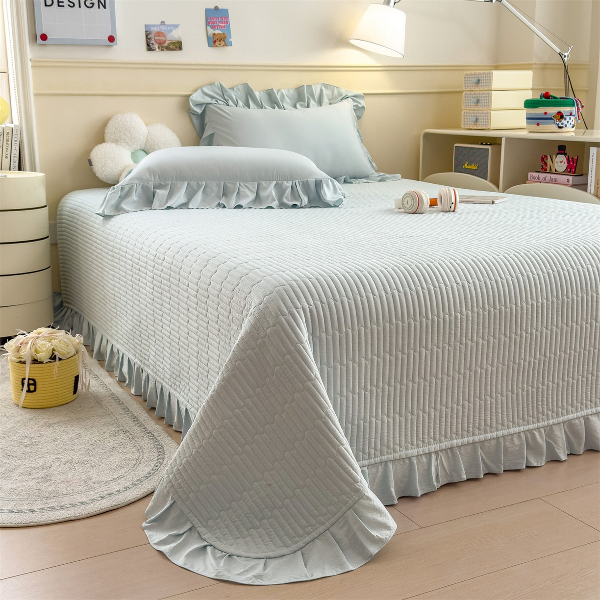 91家纺网 家纺一手货源 找家纺 兄弟坊 2026新款韩版凉感皱皱绵花边款加棉床盖 床护垫 加棉床单 凉感皱皱绵-天空蓝