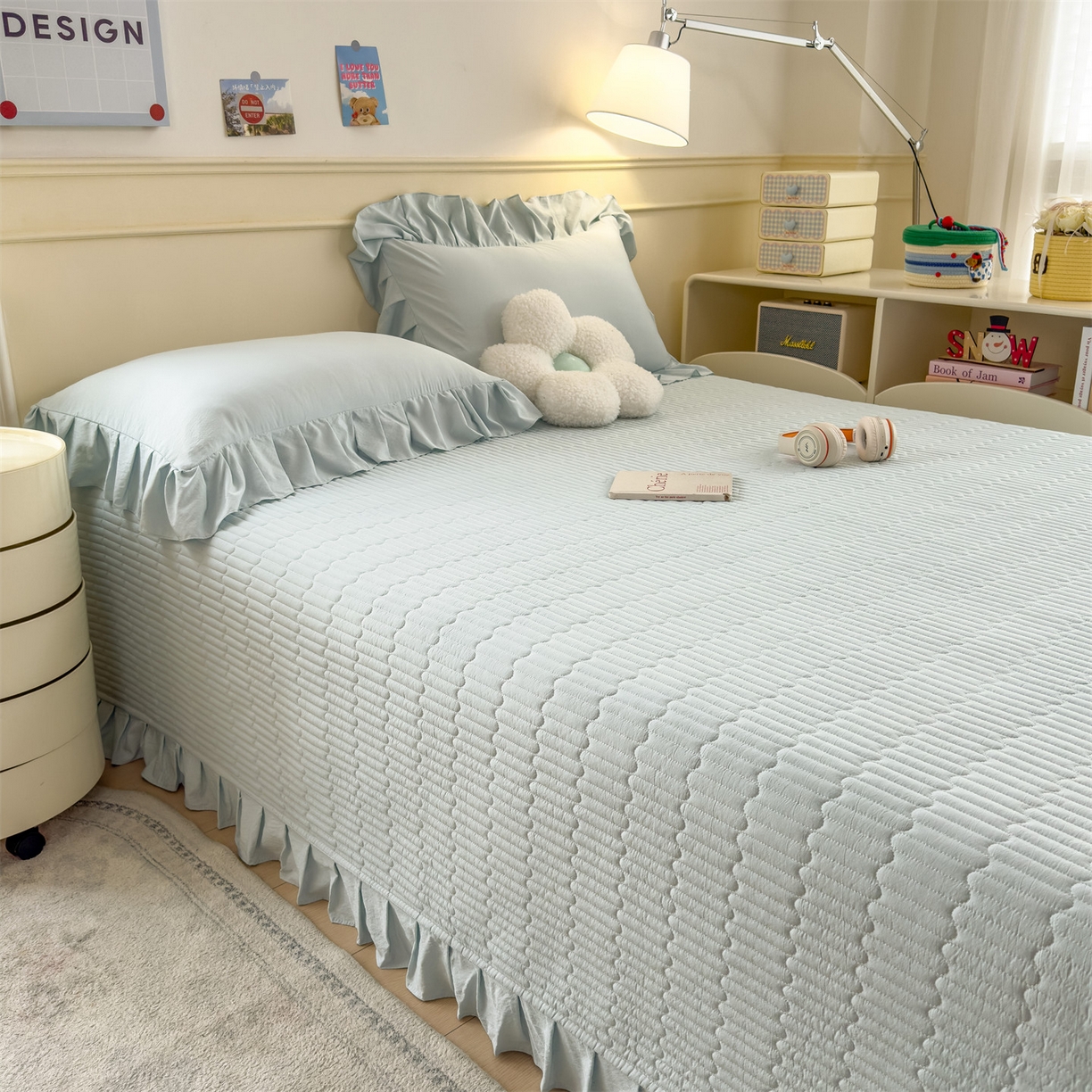 91家纺网 家纺一手货源 找家纺 兄弟坊 2026新款韩版凉感皱皱绵花边款加棉床盖 床护垫 加棉床单 凉感皱皱绵-天空蓝