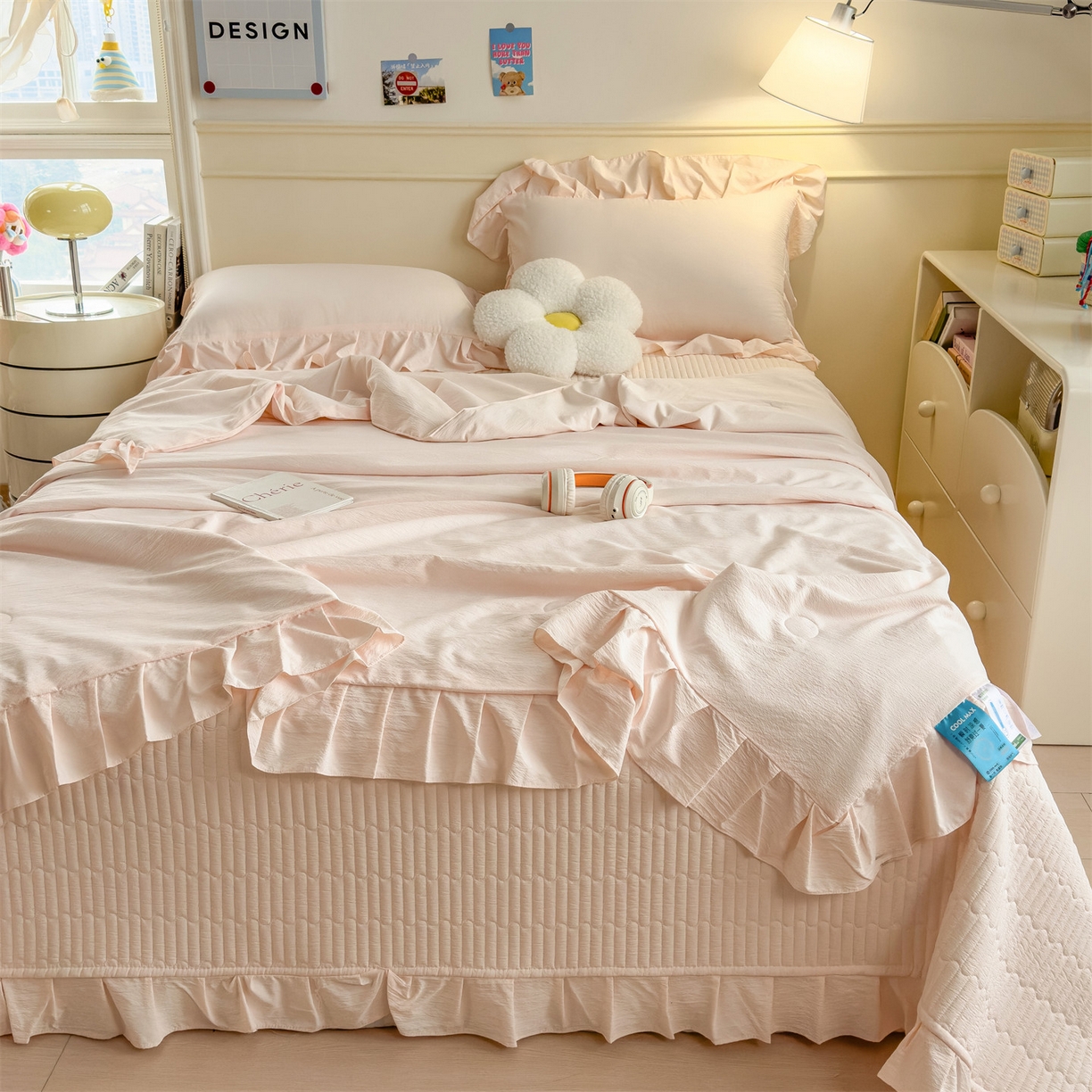 91家纺网 家纺一手货源 找家纺 兄弟坊 2026新款韩版凉感皱皱绵花边款加棉床盖 床护垫 加棉床单 凉感皱皱绵-玉色