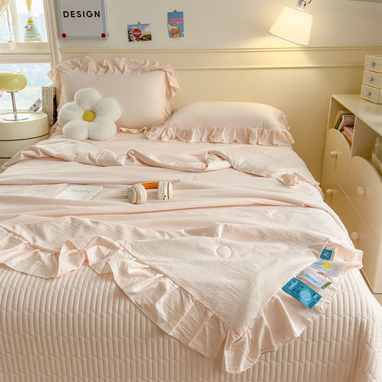 91家纺网 家纺一手货源 找家纺 兄弟坊 2026新款韩版凉感皱皱绵花边款加棉床盖 床护垫 加棉床单 凉感皱皱绵-玉色