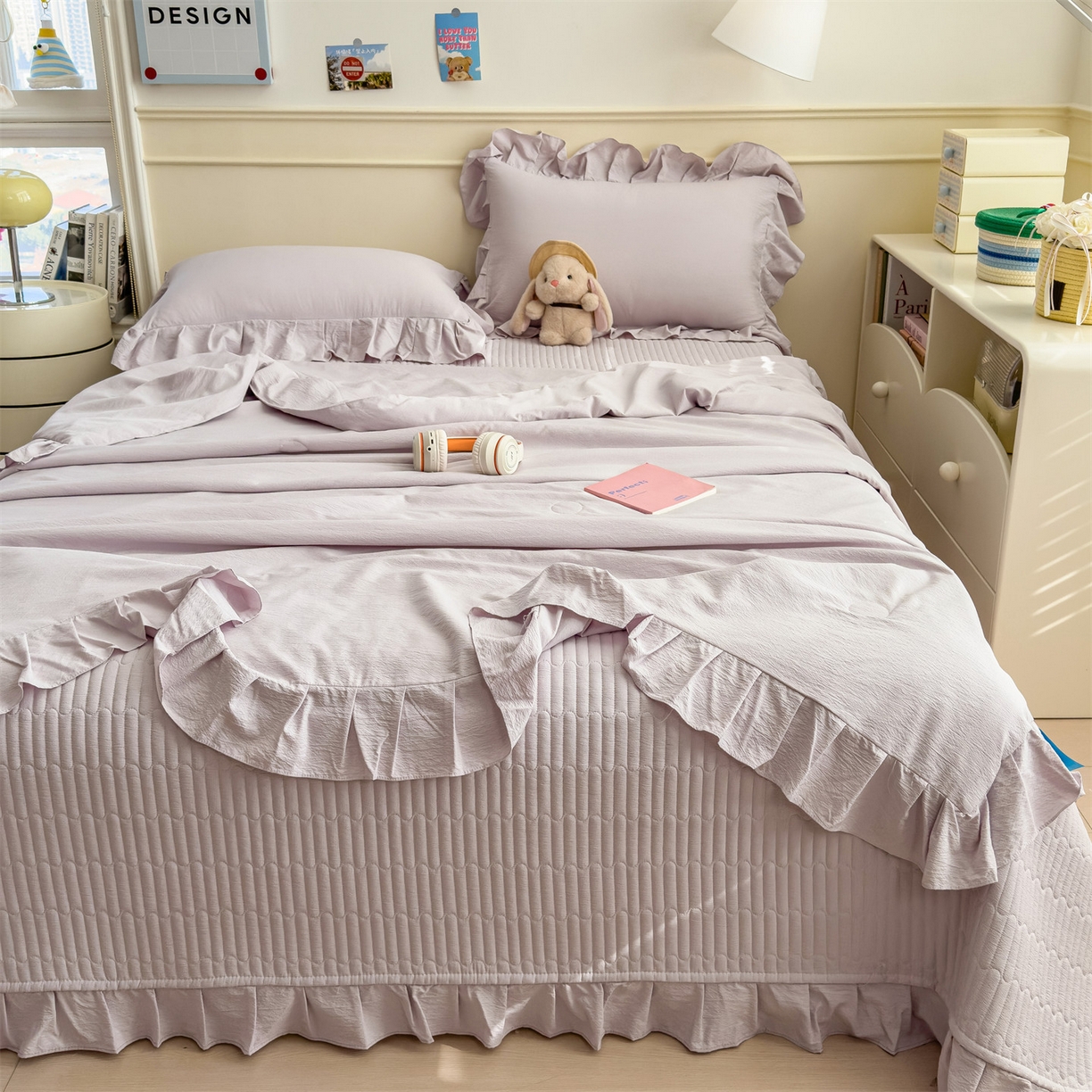 91家纺网 家纺一手货源 找家纺 兄弟坊 2026新款韩版凉感皱皱绵花边款加棉床盖 床护垫 加棉床单 凉感皱皱绵-香芋紫