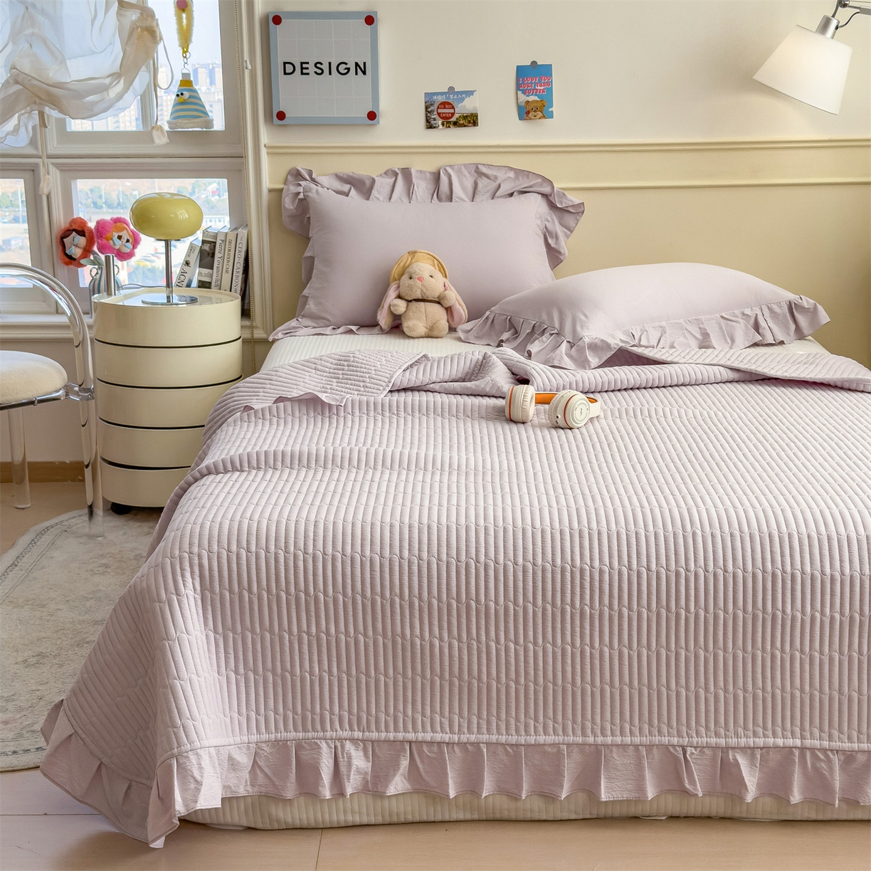 91家纺网 家纺一手货源 找家纺 兄弟坊 2026新款韩版凉感皱皱绵花边款加棉床盖 床护垫 加棉床单 凉感皱皱绵-香芋紫