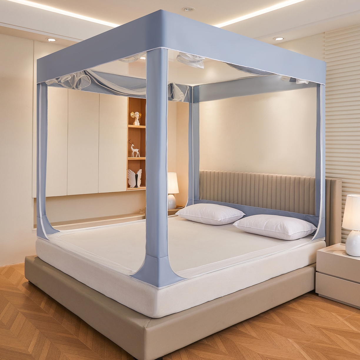 91家纺网 家纺一手货源 找家纺 （总）都市缘蚊帐 2026新款三开门坐床防摔蚊帐拉链方帐1.5m1.8m506坐床蚊帐