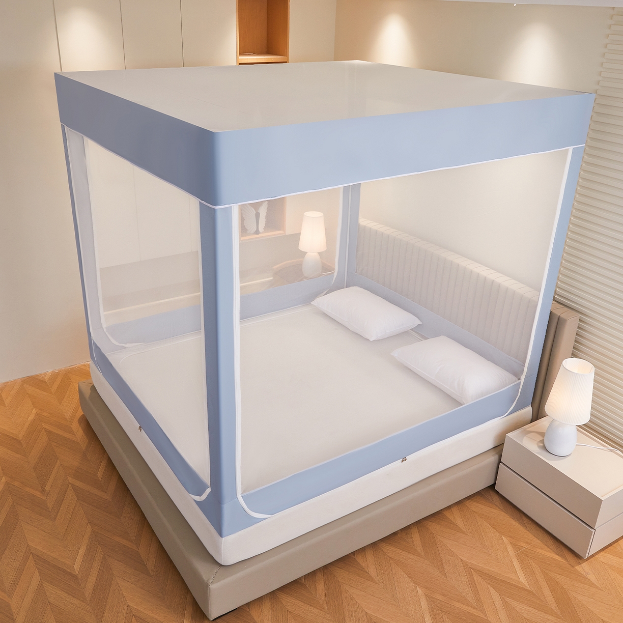 91家纺网 家纺一手货源 找家纺 （总）都市缘蚊帐 2026新款三开门坐床防摔蚊帐拉链方帐1.5m1.8m506坐床蚊帐