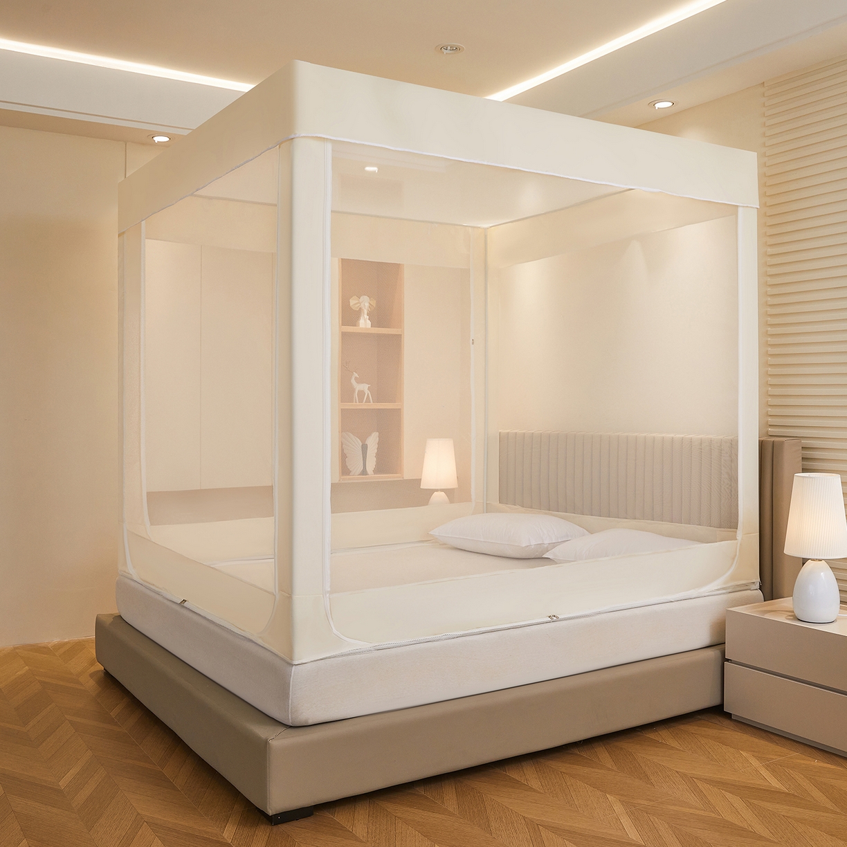 91家纺网 家纺一手货源 找家纺 都市缘蚊帐 2026新款三开门坐床防摔蚊帐拉链方帐1.5m1.8m506坐床蚊帐 506奶酪黄