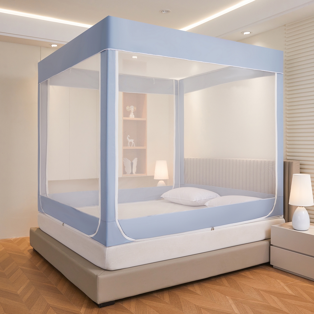 91家纺网 家纺一手货源 找家纺 都市缘蚊帐 2026新款三开门坐床防摔蚊帐拉链方帐1.5m1.8m506坐床蚊帐 506莫兰迪