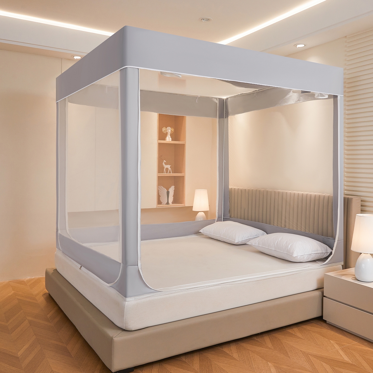 都市缘蚊帐 2026新款三开门坐床防摔蚊帐拉链方帐1.5m1.8m506坐床蚊帐 506太空银