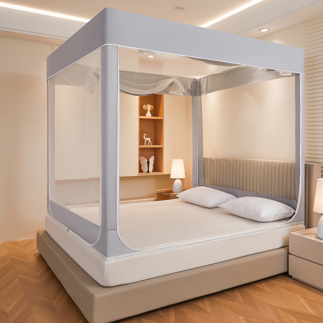 91家纺网 家纺一手货源 找家纺 都市缘蚊帐 2026新款三开门坐床防摔蚊帐拉链方帐1.5m1.8m506坐床蚊帐 506太空银