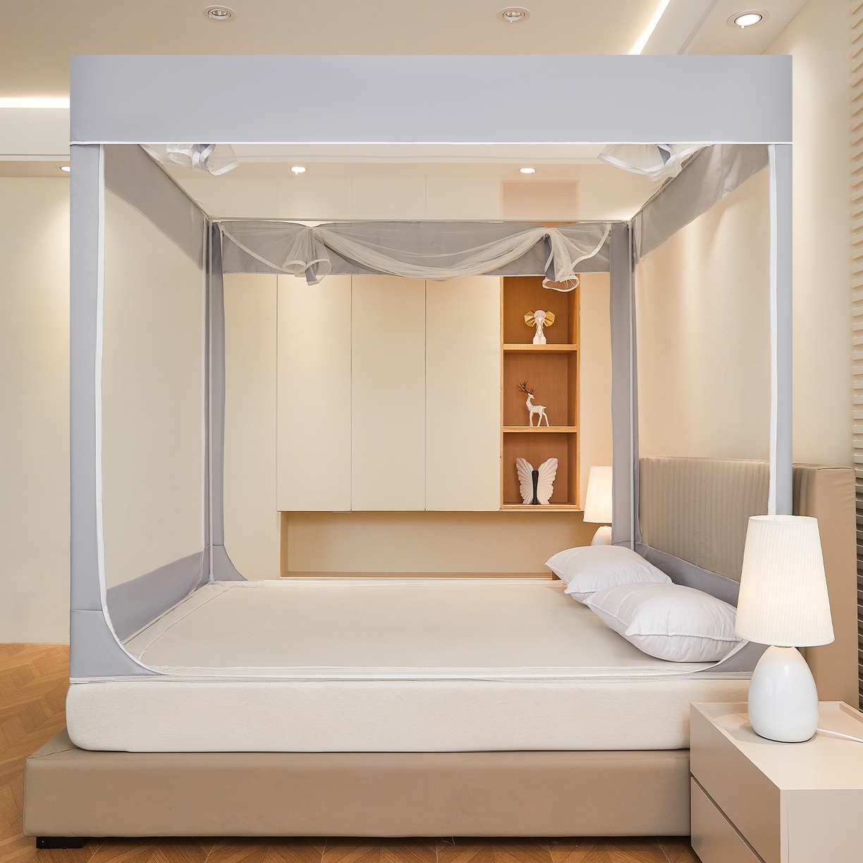 91家纺网 家纺一手货源 找家纺 都市缘蚊帐 2026新款三开门坐床防摔蚊帐拉链方帐1.5m1.8m506坐床蚊帐 506太空银