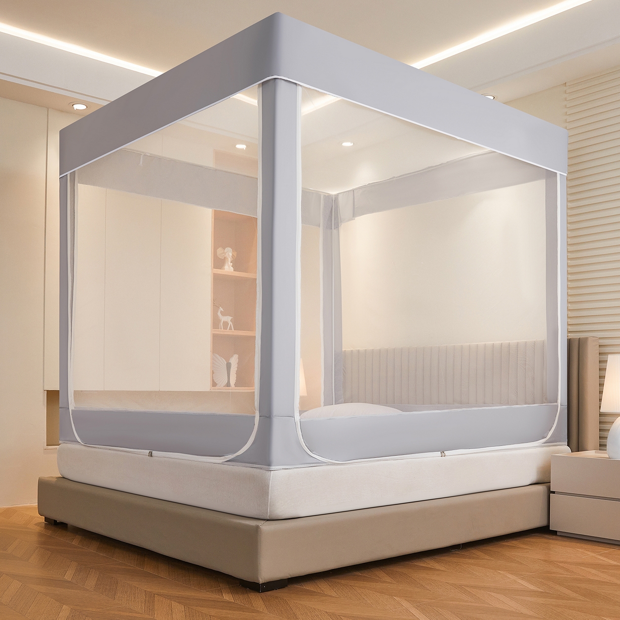 91家纺网 家纺一手货源 找家纺 都市缘蚊帐 2026新款三开门坐床防摔蚊帐拉链方帐1.5m1.8m506坐床蚊帐 506太空银