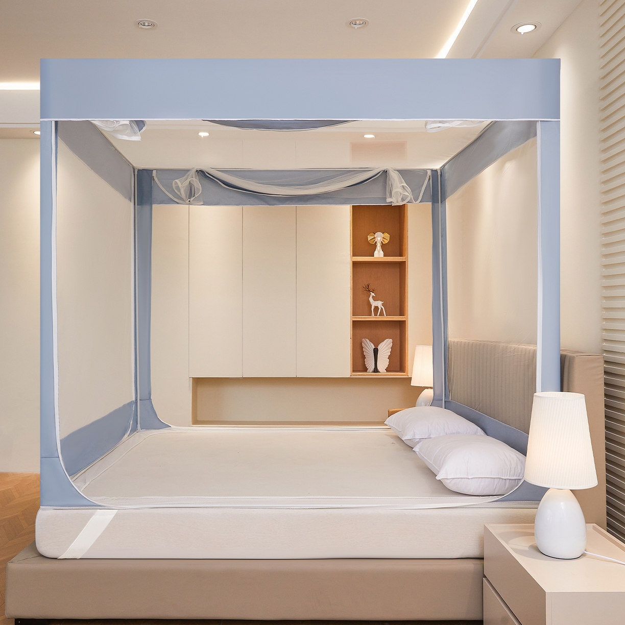 91家纺网 家纺一手货源 找家纺 都市缘蚊帐 2026新款三开门坐床防摔蚊帐拉链方帐1.5m1.8m506坐床蚊帐 506莫兰迪