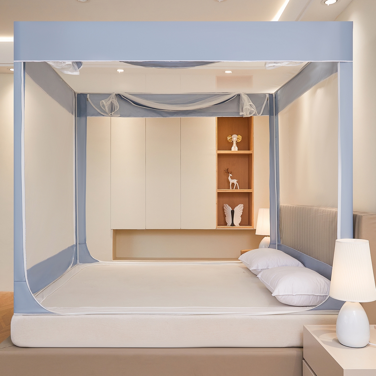 91家纺网 家纺一手货源 找家纺 都市缘蚊帐 2026新款三开门坐床防摔蚊帐拉链方帐1.5m1.8m506坐床蚊帐 506莫兰迪