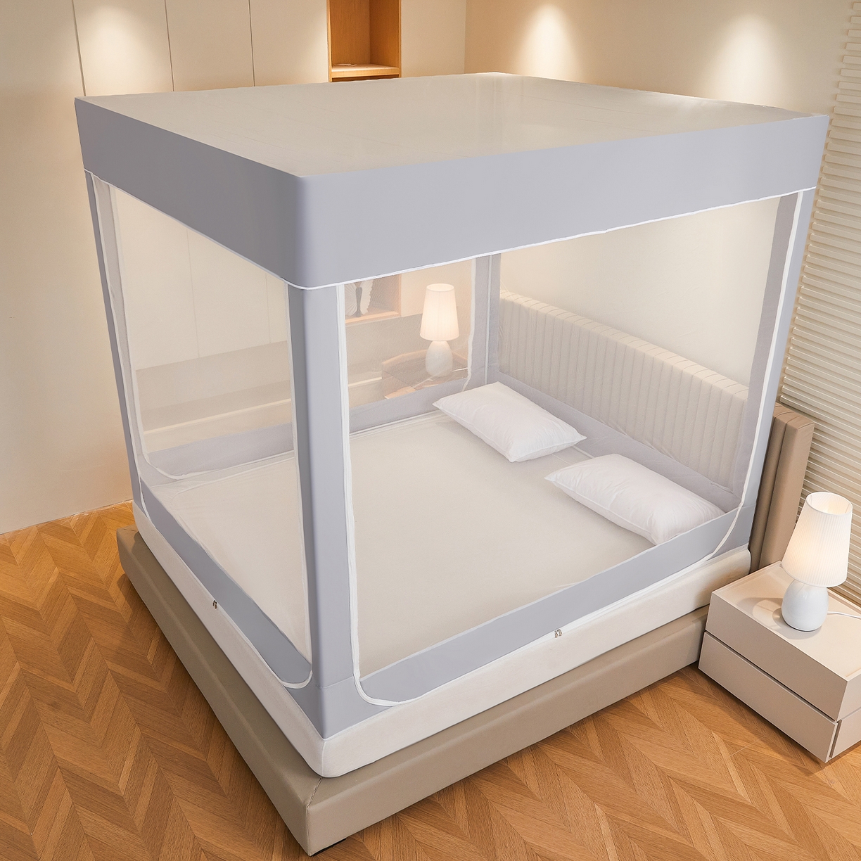 91家纺网 家纺一手货源 找家纺 都市缘蚊帐 2026新款三开门坐床防摔蚊帐拉链方帐1.5m1.8m506坐床蚊帐 506太空银