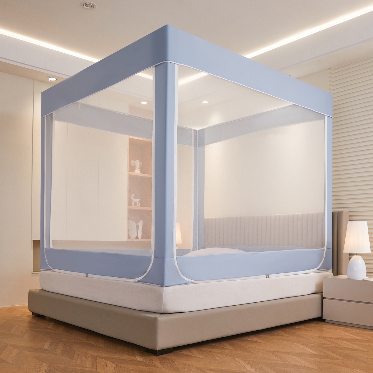 91家纺网 家纺一手货源 找家纺 都市缘蚊帐 2026新款三开门坐床防摔蚊帐拉链方帐1.5m1.8m506坐床蚊帐 506莫兰迪