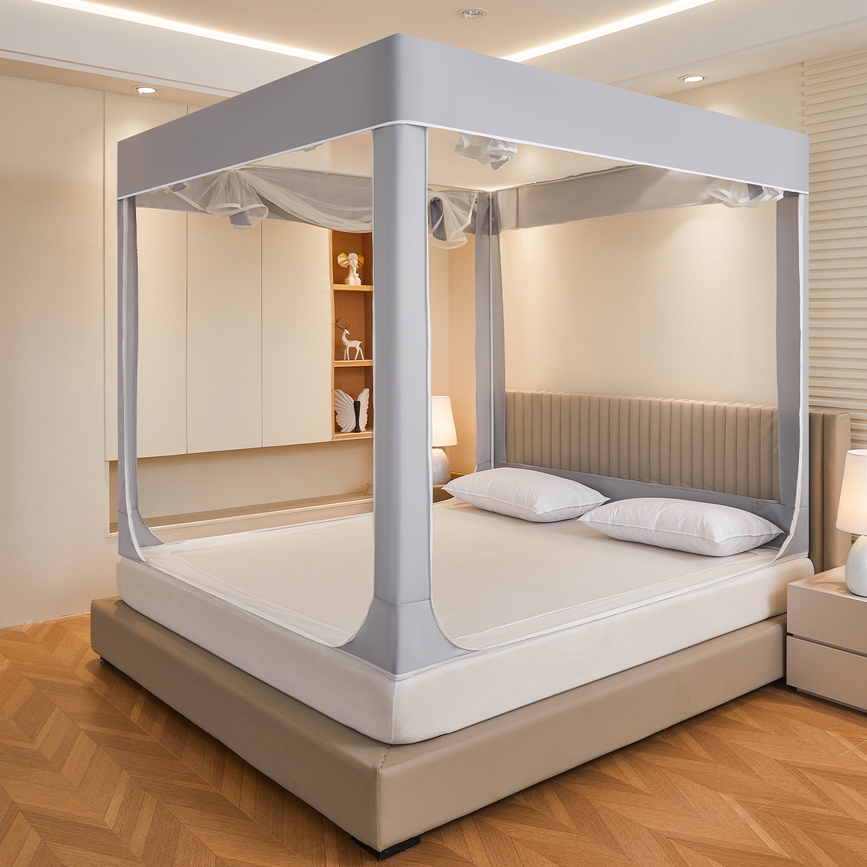 91家纺网 家纺一手货源 找家纺 都市缘蚊帐 2026新款三开门坐床防摔蚊帐拉链方帐1.5m1.8m506坐床蚊帐 506太空银