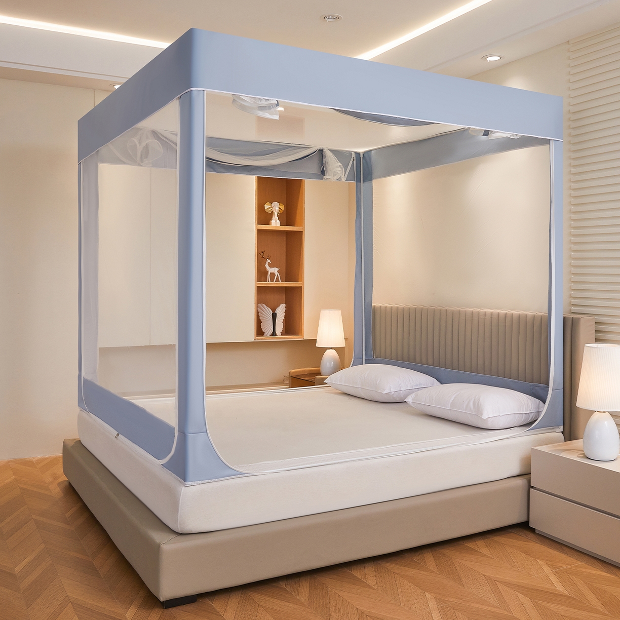 91家纺网 家纺一手货源 找家纺 都市缘蚊帐 2026新款三开门坐床防摔蚊帐拉链方帐1.5m1.8m506坐床蚊帐 506莫兰迪