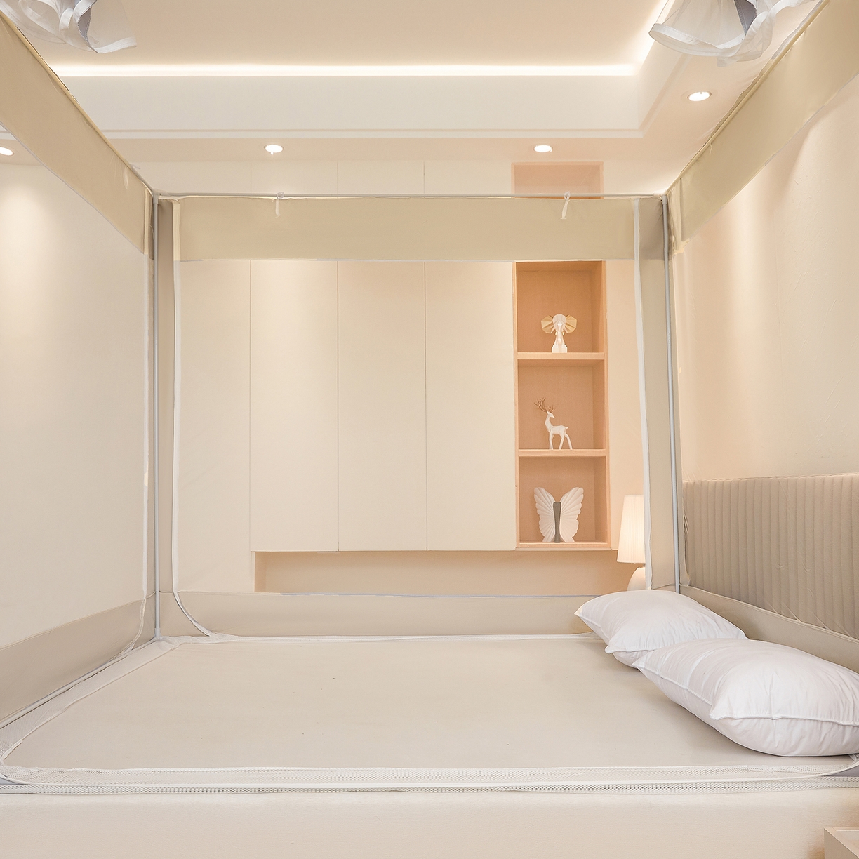 91家纺网 家纺一手货源 找家纺 都市缘蚊帐 2026新款三开门坐床防摔蚊帐拉链方帐1.5m1.8m506坐床蚊帐 506奶咖色